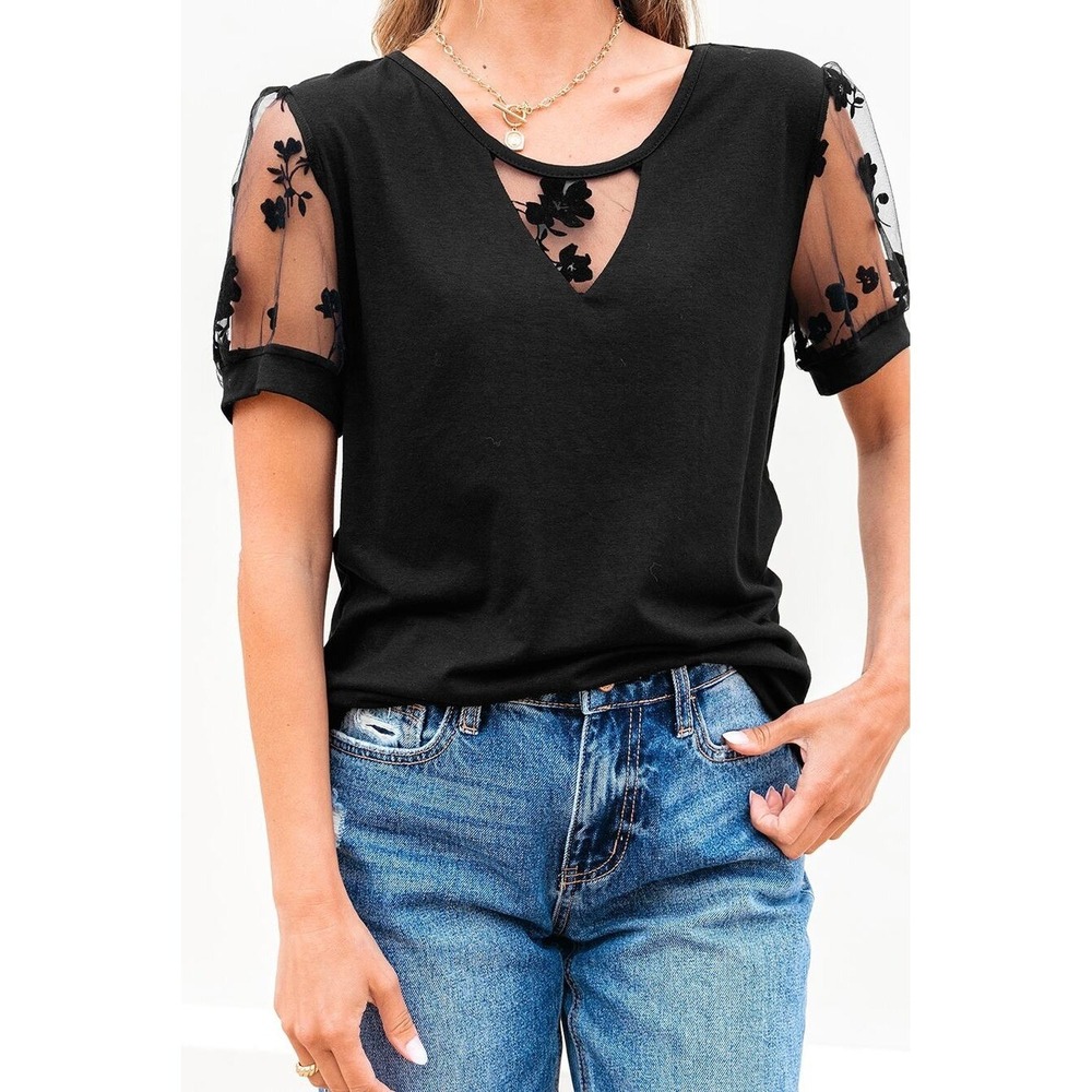 New Black Flora Lace Patchwork Crew Neck Top Size Medium